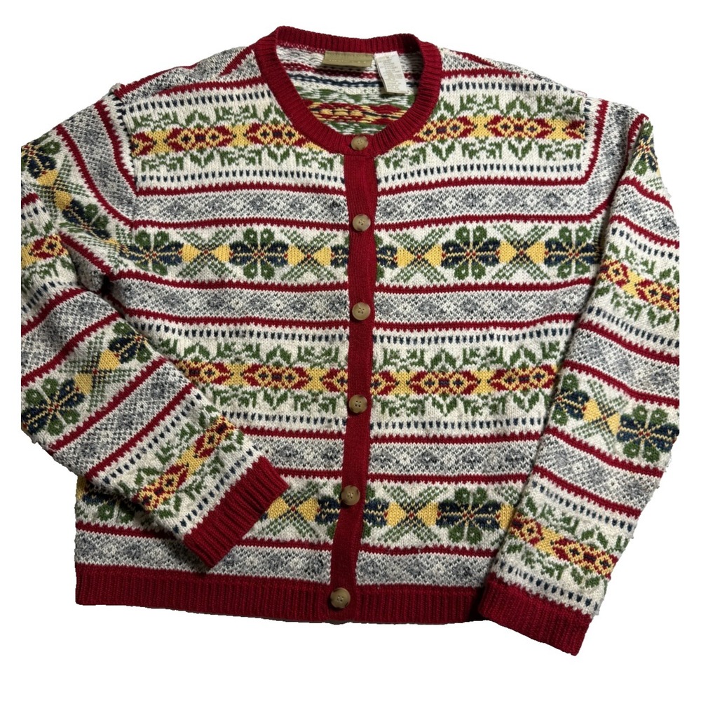 Liz Claiborne LizWear Fair Isle Cardigan Sweater Red‎ Nordic teachercore Size M
